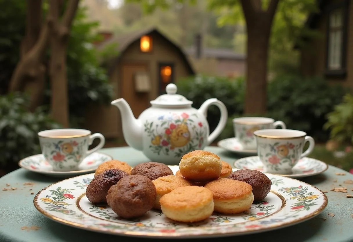 Final display of Mr. Tumnus' Tea Time Treats on a platter, accompanied by tea, in a whimsical setting inspired by the Chronicles of Narnia.