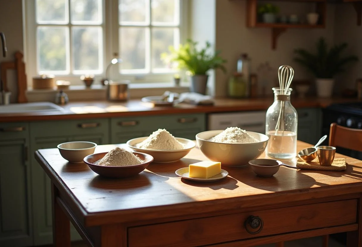 Ingredients for Mr. Tumnus' Tea Time Treats displayed on a rustic wooden table, including flour, sugar, and butter, in a cozy Narnian kitchen.