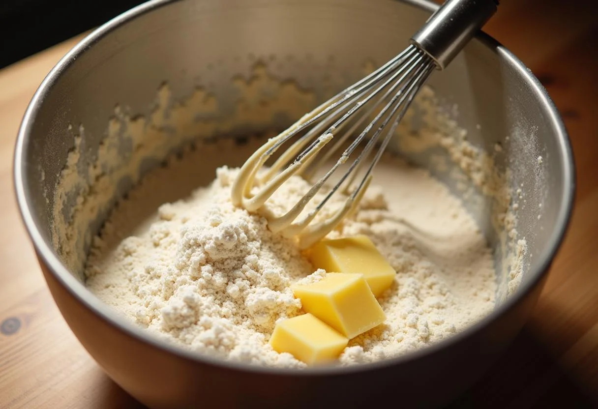 Mixing the dough for Mr. Tumnus' Tea Time Treats with flour, sugar, and butter in a cozy kitchen inspired by the Chronicles of Narnia.