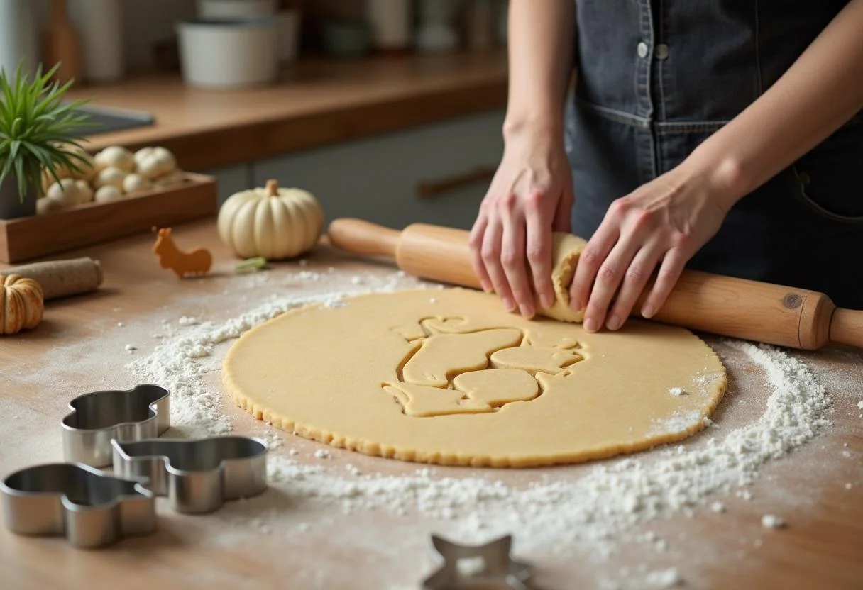 Rolling out dough and using cookie cutters for Mr. Tumnus' Tea Time Treats in a charming Narnian-themed kitchen.