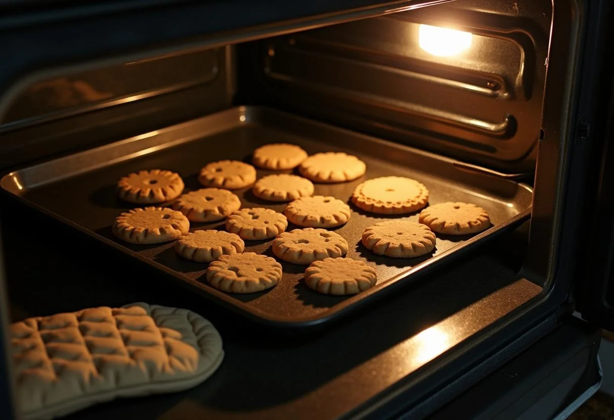 Placing a tray of freshly cut cookies for Mr. Tumnus' Tea Time Treats into the oven, showcasing a cozy kitchen atmosphere.