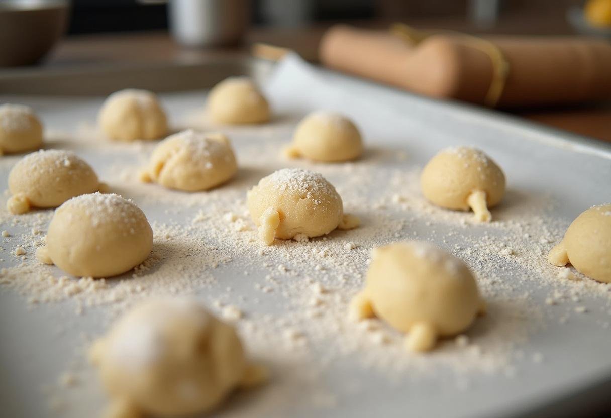 Preparing cookie dough balls for The Chronicles of Narnia White Witch's Winter Wonder Cookies on a baking tray, festive kitchen atmosphere.