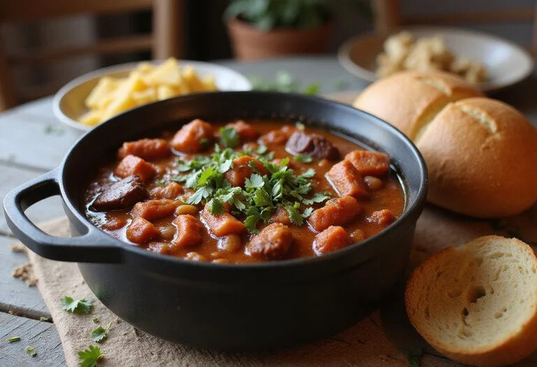 The final presentation of The Dark Knight Rises Anne Hathaway's Catwoman Chili, showcasing its hearty goodness and enticing garnishes.