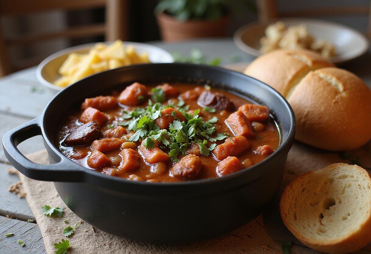The final presentation of The Dark Knight Rises Anne Hathaway's Catwoman Chili, showcasing its hearty goodness and enticing garnishes.