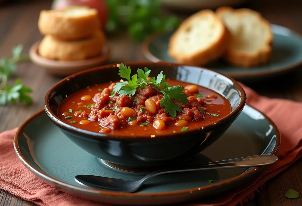 The final presentation of The Dark Knight Rises Anne Hathaway's Catwoman Chili, showcasing its hearty goodness and enticing garnishes.