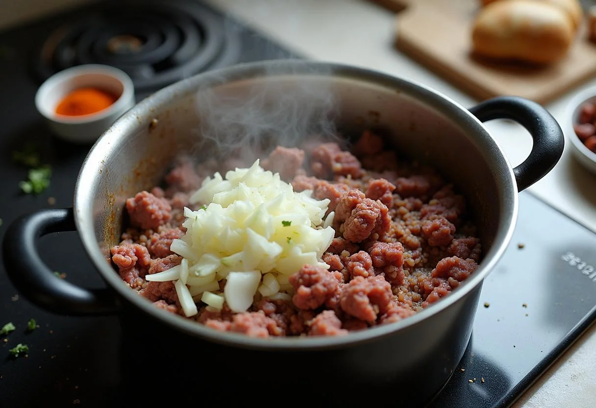Sautéing onions, garlic, and ground beef for The Dark Knight Rises Anne Hathaway's Catwoman Chili, showcasing the aromatic preparation process.
