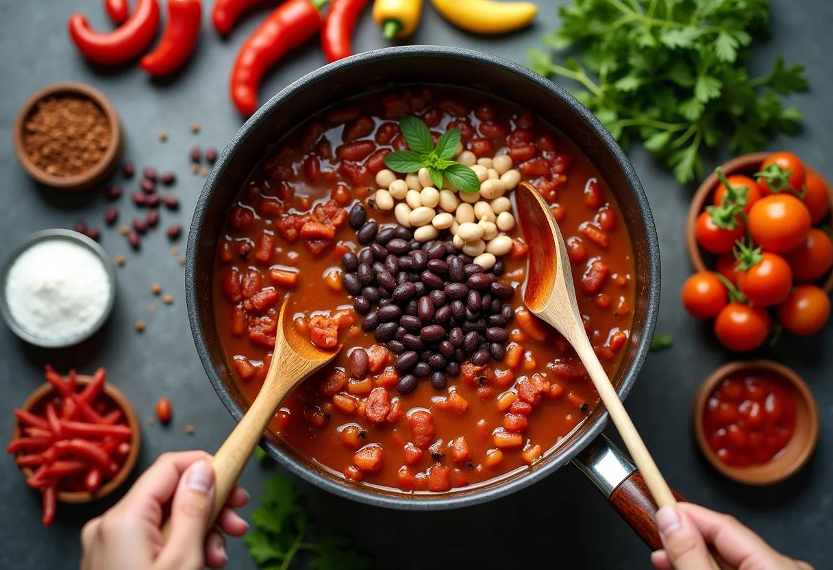 Combining kidney beans, black beans, and diced tomatoes for chili, demonstrating the colorful and flavorful mix for The Dark Knight Rises Anne Hathaway's Catwoman Chili.