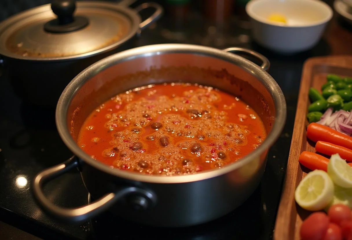 Simmering the chili on the stovetop, capturing the essence of The Dark Knight Rises Anne Hathaway's Catwoman Chili as it develops rich flavors.