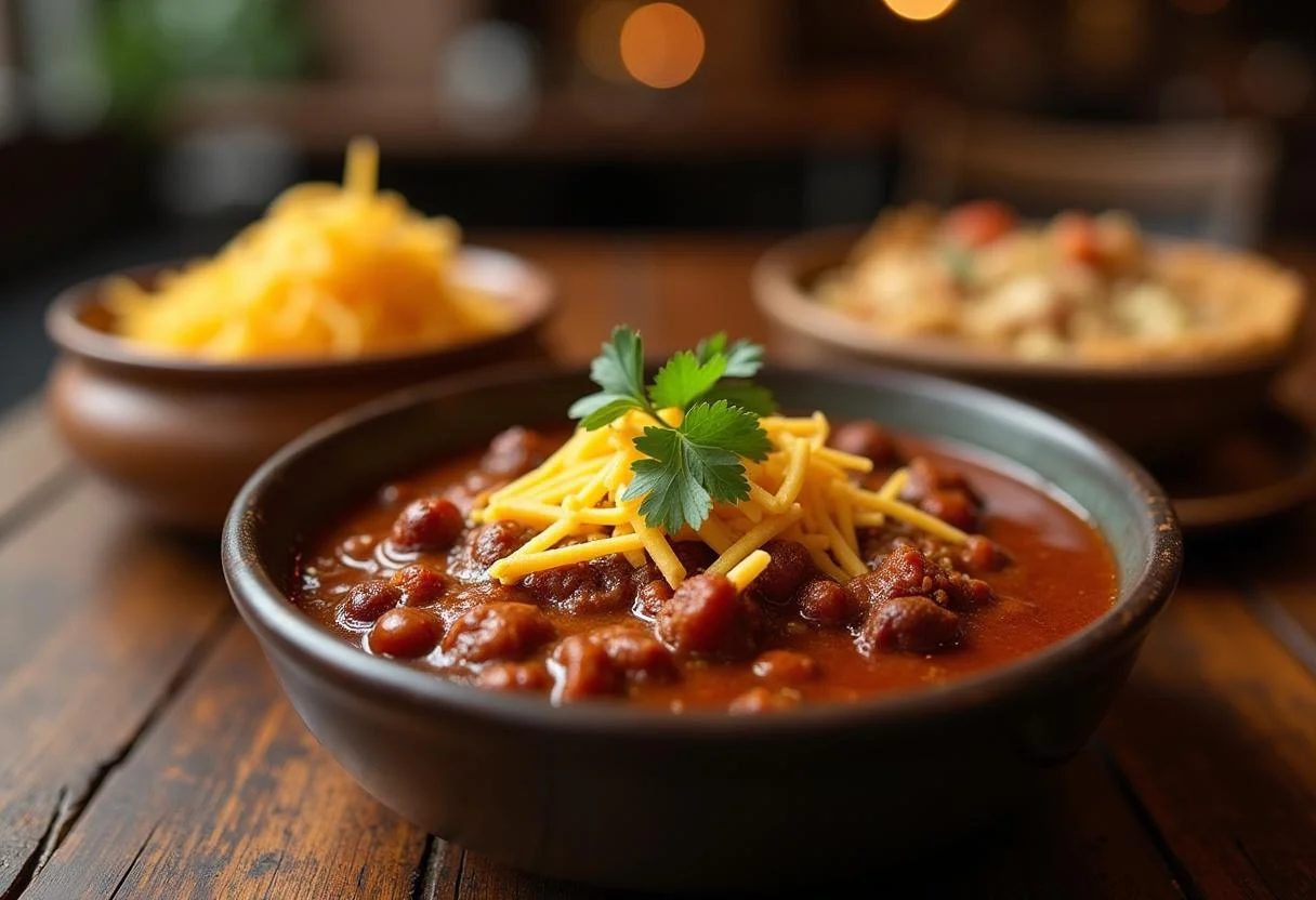 Serving The Dark Knight Rises Anne Hathaway's Catwoman Chili in a bowl, complete with toppings that highlight its rich flavors and textures.