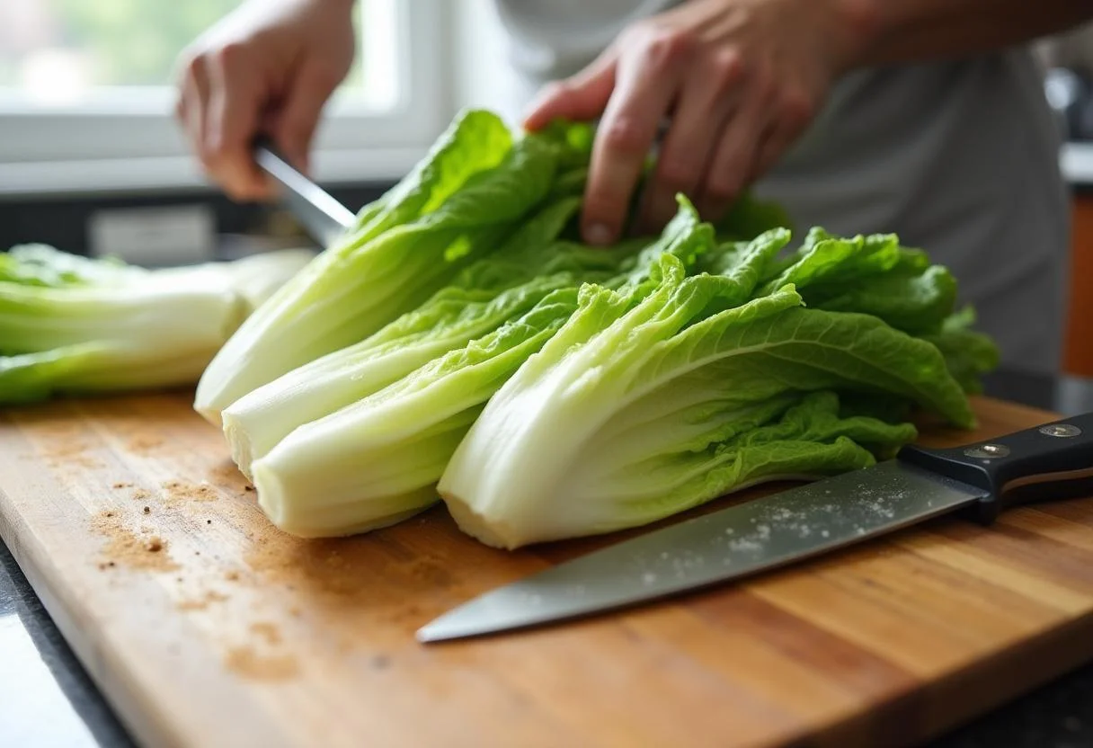 Chopping romaine lettuce for The Devil Wears Prada Anne Hathaway's Chic Caesar Salad, fresh ingredients, healthy salad preparation.