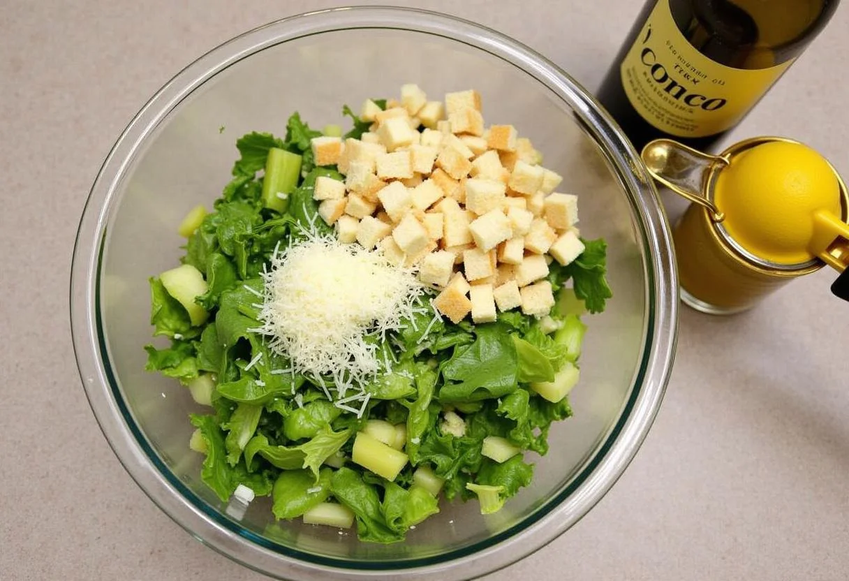 Mixing ingredients for The Devil Wears Prada Anne Hathaway's Chic Caesar Salad, croutons, cheese, and fresh lettuce ready to be combined.
