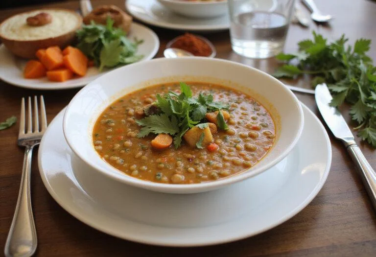 Final presentation of The Dune Zendaya's Desert Spice Lentil Soup on a dining table, highlighting the rich colors and inviting atmosphere for a warm meal.
