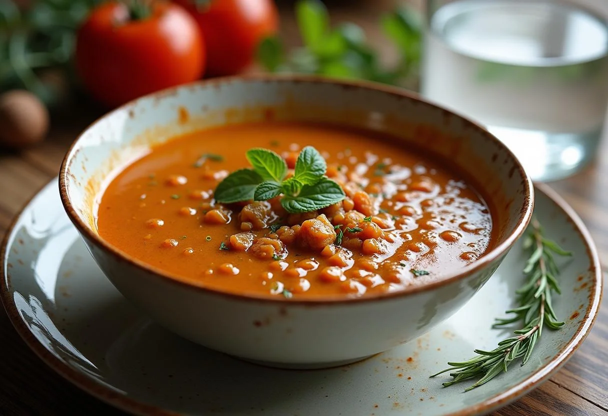 Final presentation of The Dune Zendaya's Desert Spice Lentil Soup on a dining table, highlighting the rich colors and inviting atmosphere for a warm meal.