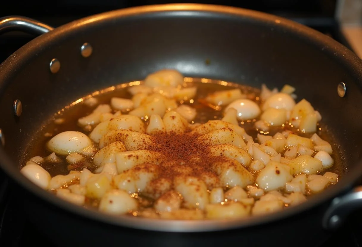 Chopped onions and garlic cooking in a pot for The Dune Zendaya's Desert Spice Lentil Soup, showcasing the aromatic spices and fresh ingredients for enhanced flavor.