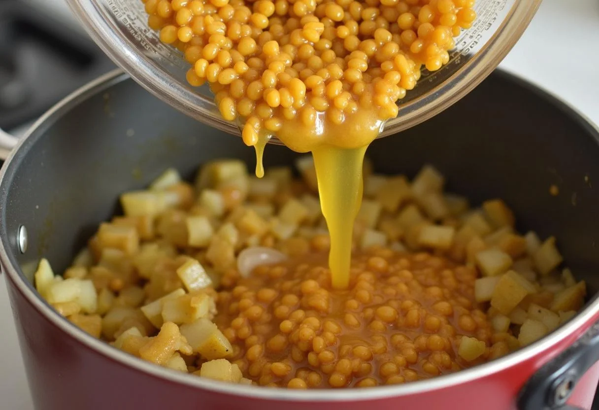 Rinsed lentils being combined with sautéed onions and spices in a pot for The Dune Zendaya's Desert Spice Lentil Soup, creating a flavorful base for this delicious recipe.