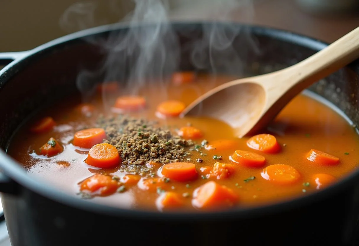 Bubbling lentil soup in a pot, featuring vibrant vegetables and aromatic spices for The Dune Zendaya's Desert Spice Lentil Soup, highlighting its rich texture and flavors.