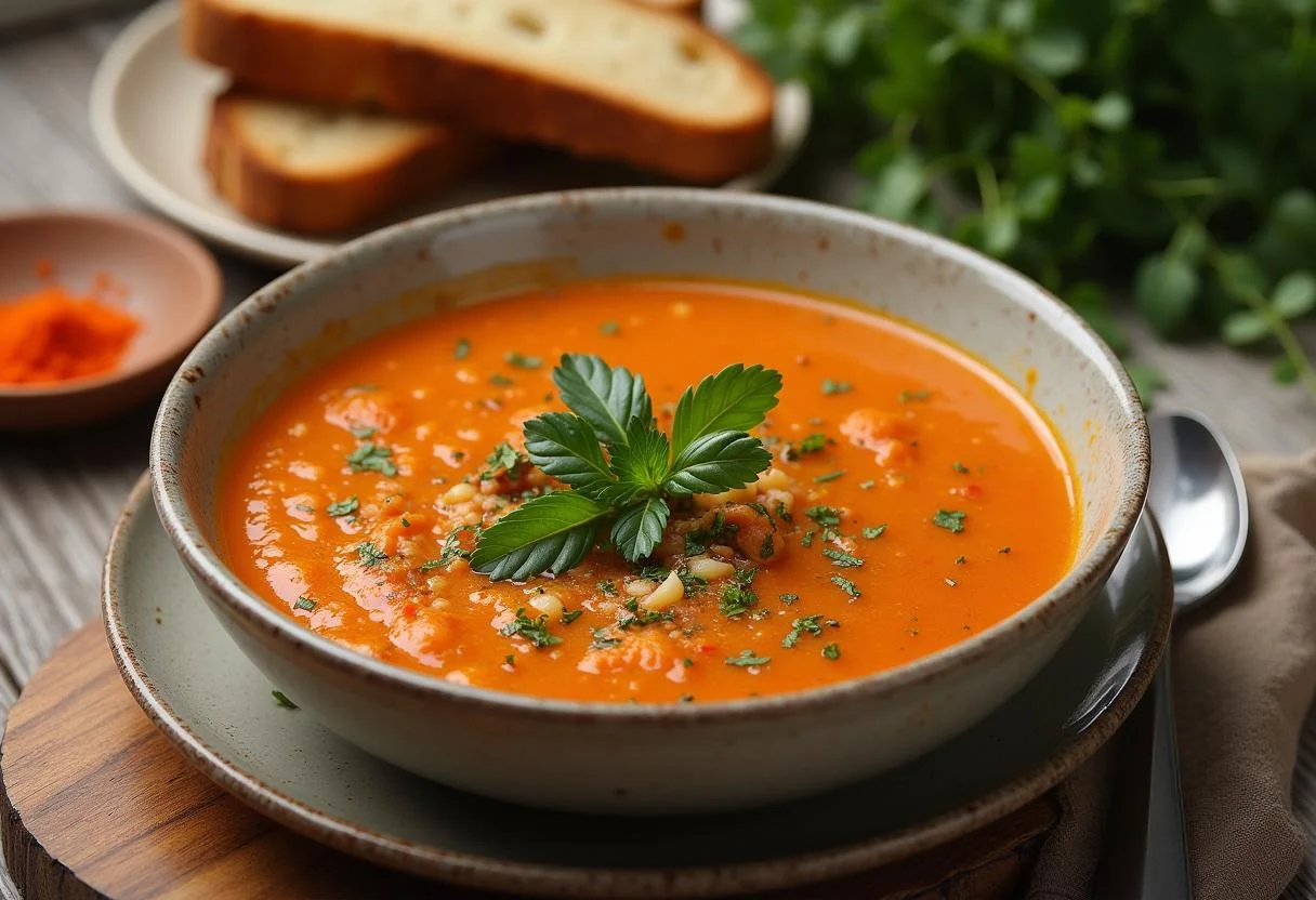 Plated serving of The Dune Zendaya's Desert Spice Lentil Soup in a rustic bowl, garnished with fresh herbs and served with crusty bread for a delicious meal.