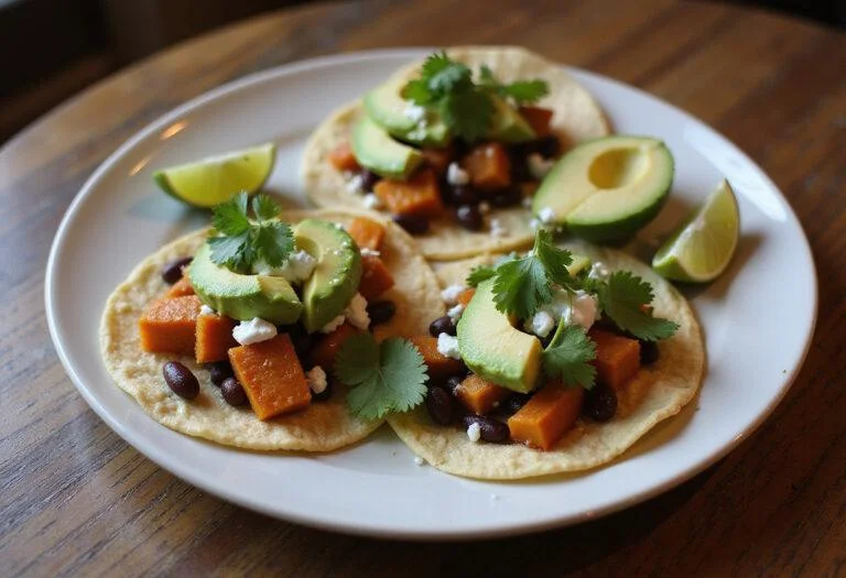 Final presentation of The Euphoria Zendaya's Sweet Potato and Black Bean Tacos garnished with avocado and lime on a rustic table. A tempting and vibrant dish ready to enjoy.