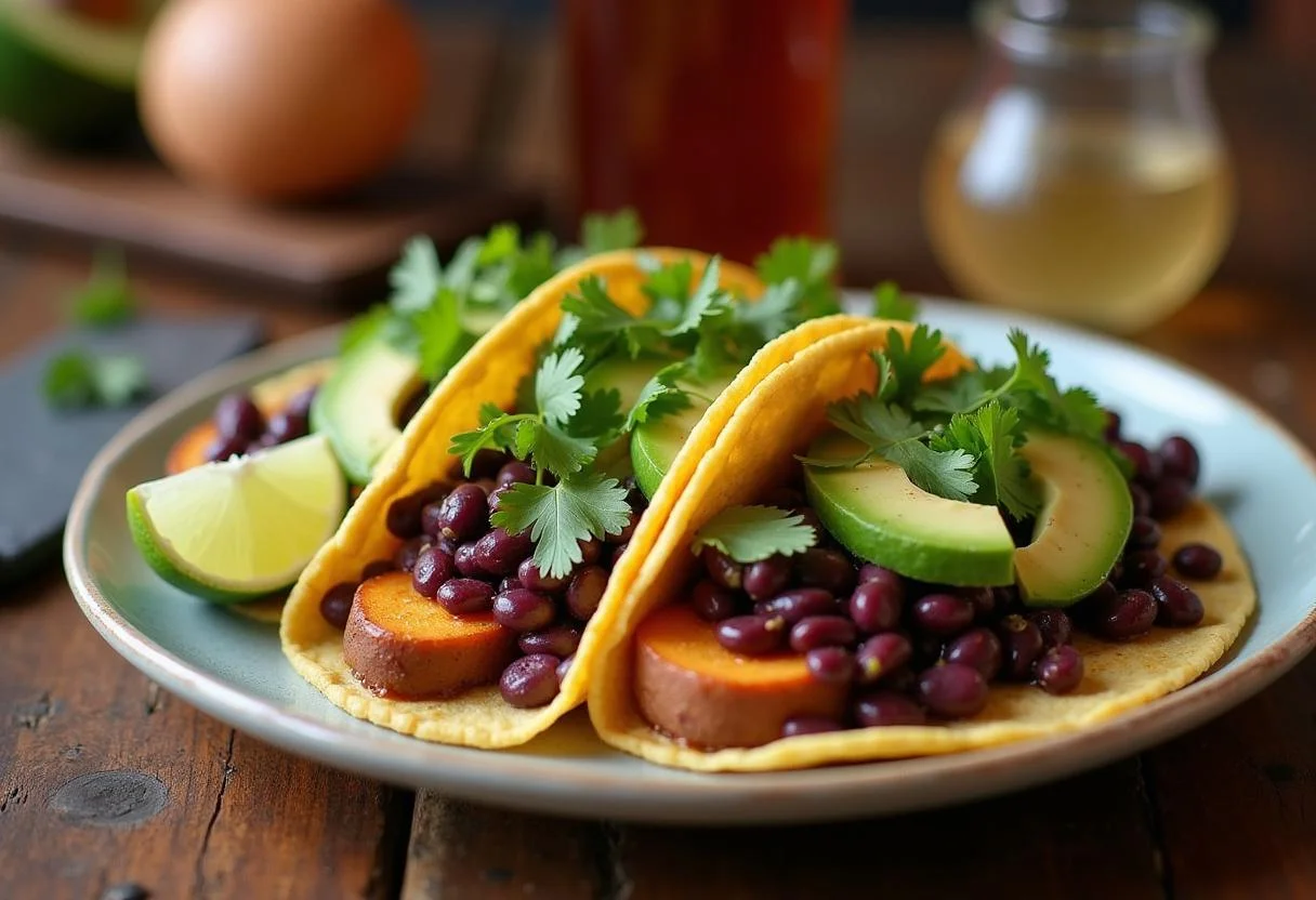 Final presentation of The Euphoria Zendaya's Sweet Potato and Black Bean Tacos garnished with avocado and lime on a rustic table. A tempting and vibrant dish ready to enjoy.