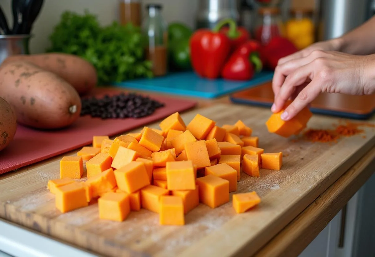 Fresh ingredients for The Euphoria Zendaya's Sweet Potato and Black Bean Tacos on a kitchen countertop. Sweet potatoes and black beans ready for preparation.