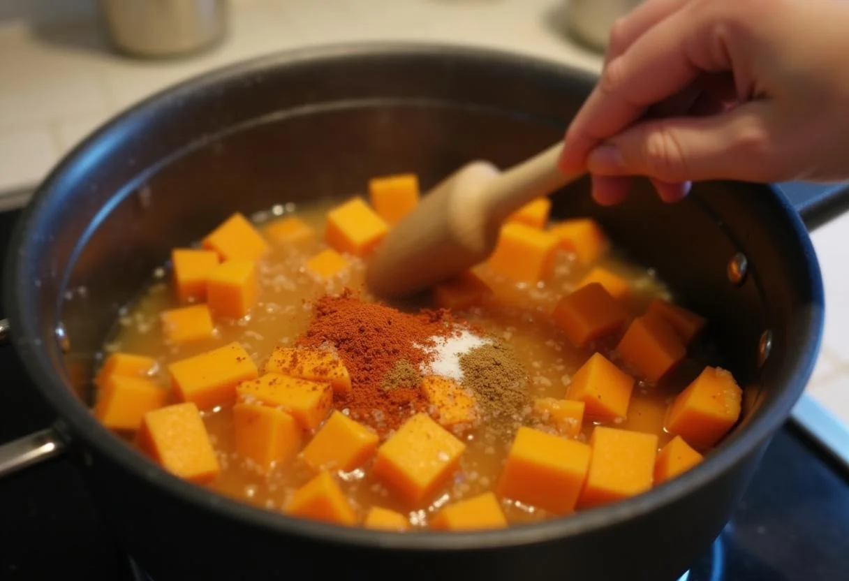 Sweet potatoes boiling in a pot with spices for The Euphoria Zendaya's Sweet Potato and Black Bean Tacos. A cooking process bubbling with flavor.