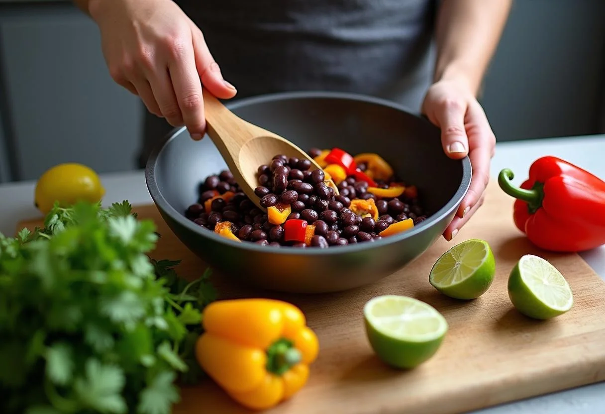 Mixing black beans and sautéed bell peppers for The Euphoria Zendaya's Sweet Potato and Black Bean Tacos. A colorful filling being prepared in a lively kitchen.