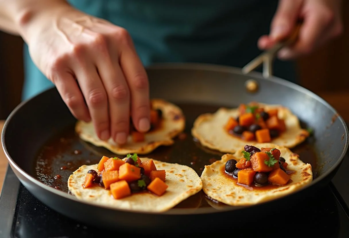 Warming tortillas and adding filling for The Euphoria Zendaya's Sweet Potato and Black Bean Tacos. A delicious taco preparation scene in a cozy kitchen.