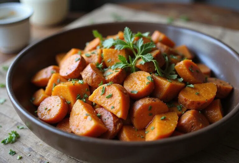 Deliciously baked Southern spiced sweet potatoes from The Help Emma Stone's Skeeter Phelan's recipe, beautifully presented and garnished for serving.