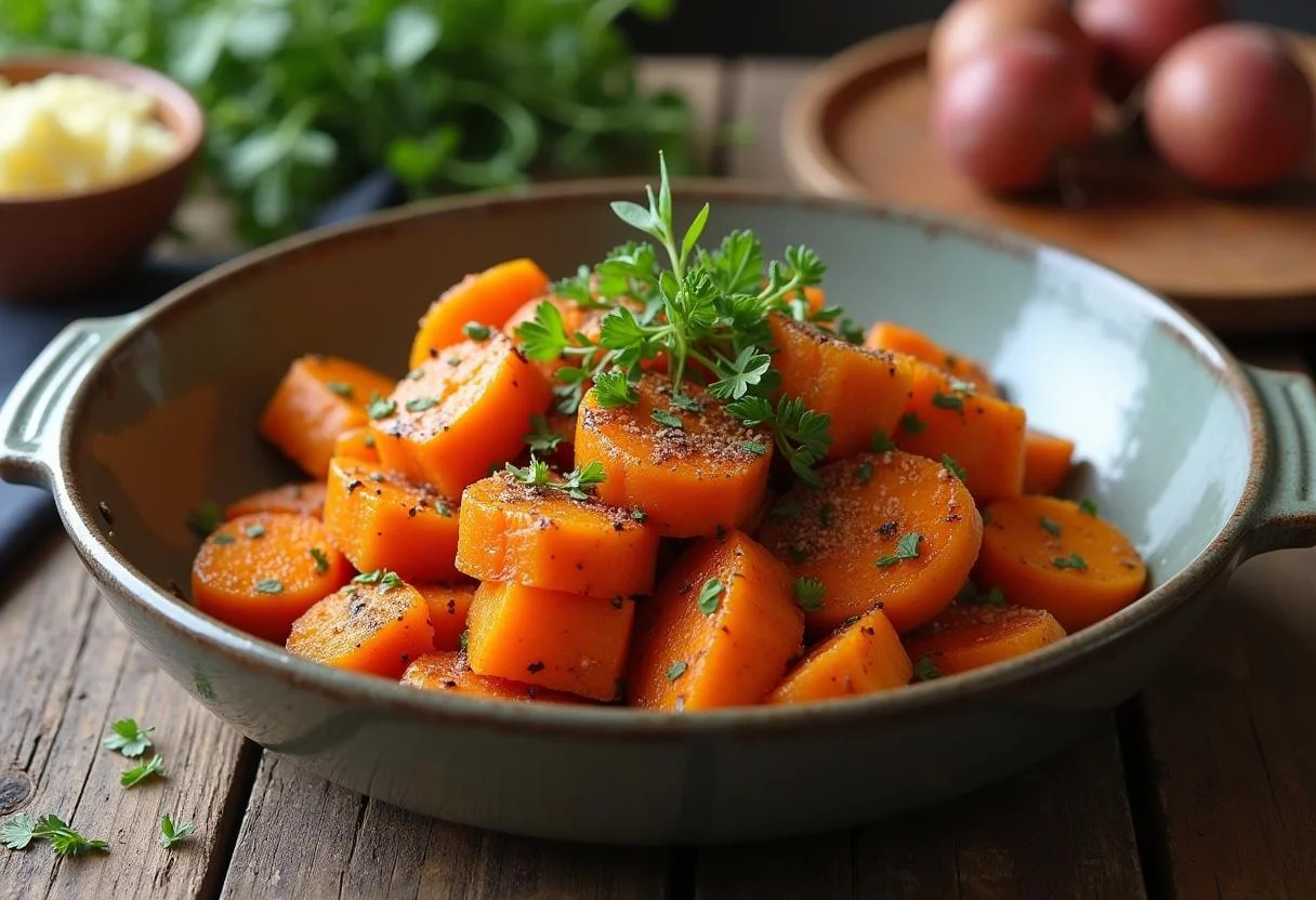Deliciously baked Southern spiced sweet potatoes from The Help Emma Stone's Skeeter Phelan's recipe, beautifully presented and garnished for serving.