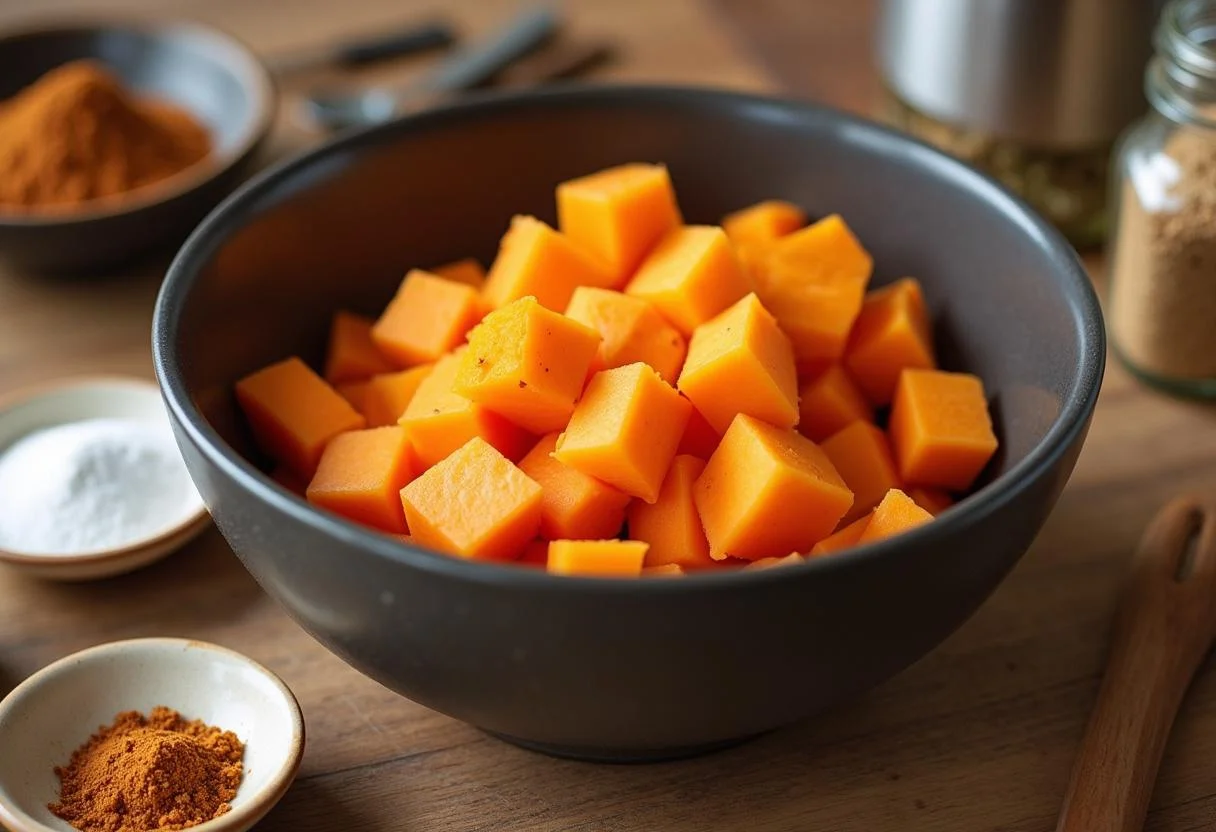 Preparing sweet potatoes for The Help Emma Stone's Skeeter Phelan's Southern Spiced Sweet Potatoes with spices on a wooden counter.