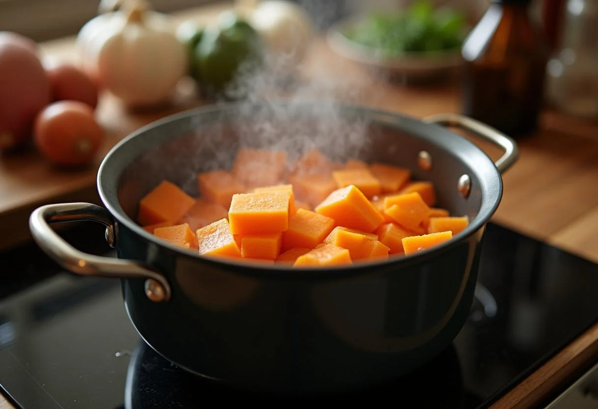 Cooking sweet potatoes in a pot for The Help Emma Stone's Skeeter Phelan's Southern Spiced Sweet Potatoes with steam and spices visible.