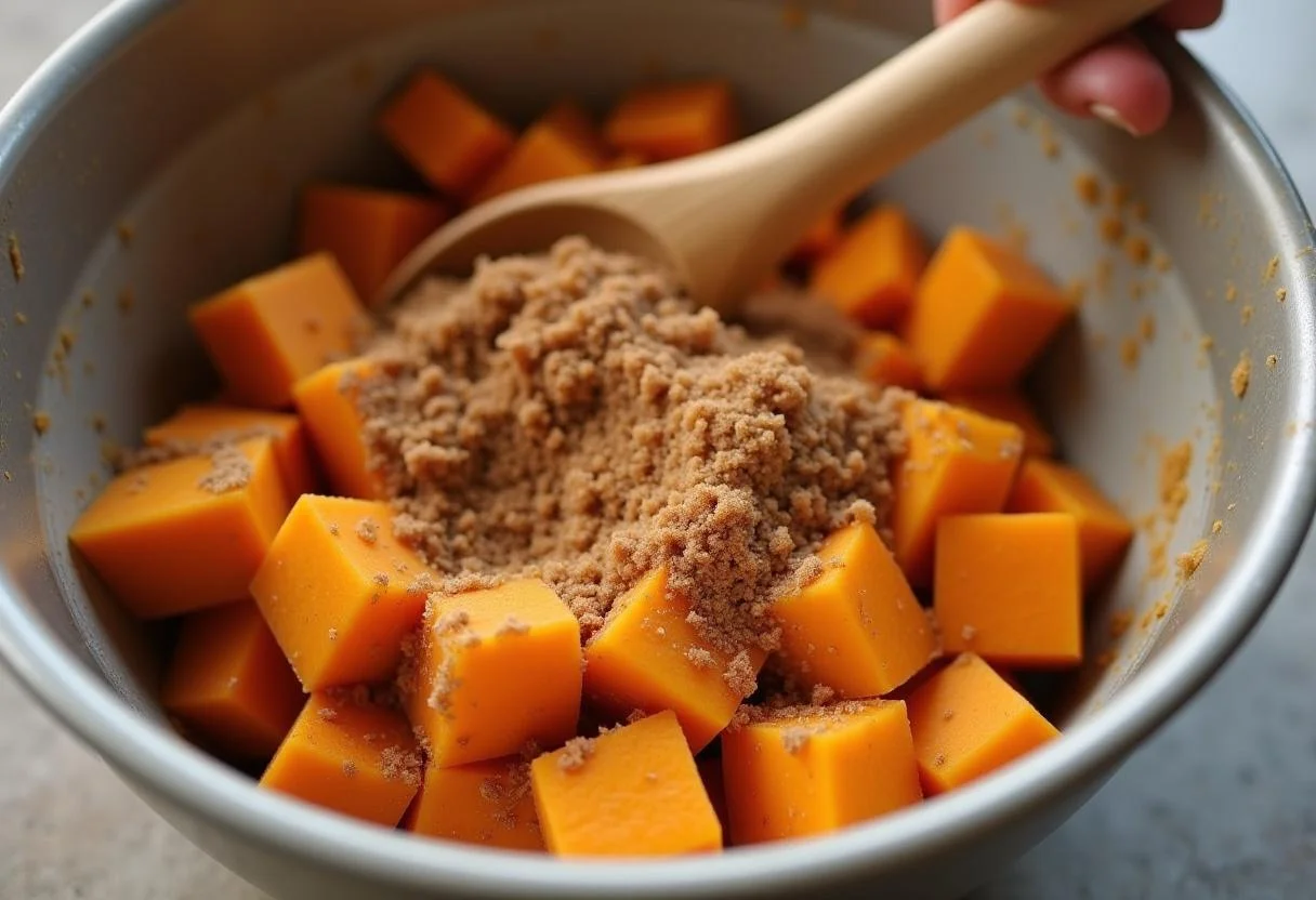 Mixing spiced sweet potatoes with brown sugar and spices for The Help Emma Stone's Skeeter Phelan's Southern Spiced Sweet Potatoes in a large bowl.