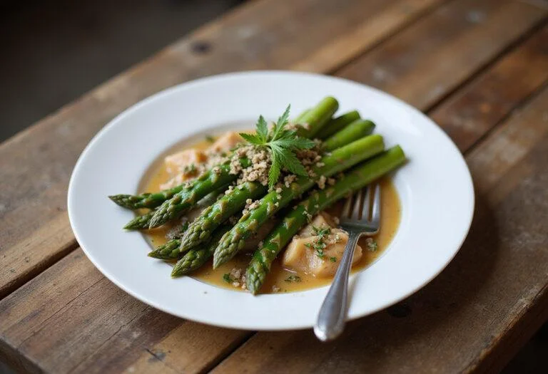 A stunning presentation of The Hobbit Bard's Arrowhead Asparagus, a delightful dish ready to be enjoyed.