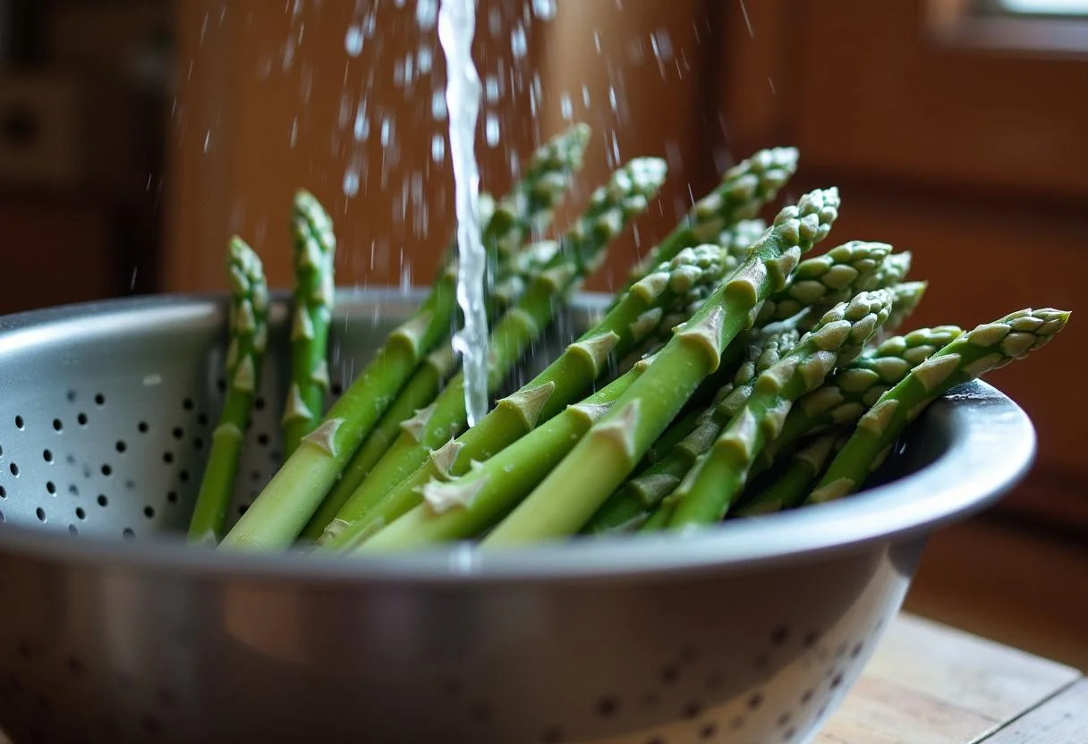 Fresh asparagus spears being washed, perfect for The Hobbit Bard's Arrowhead Asparagus recipe.