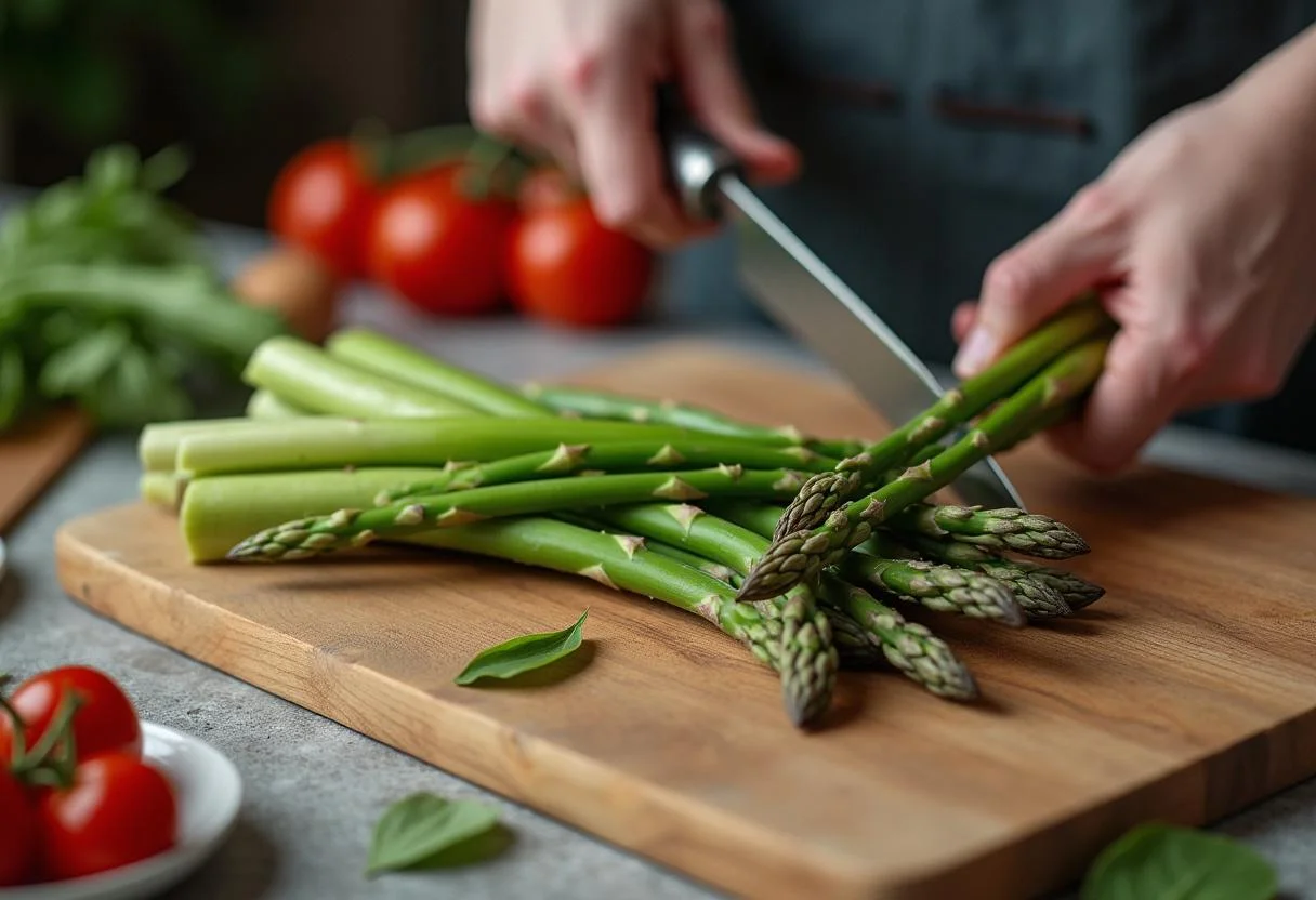 Trimming asparagus for The Hobbit Bard's Arrowhead Asparagus, showcasing the fresh ingredients used in the dish.