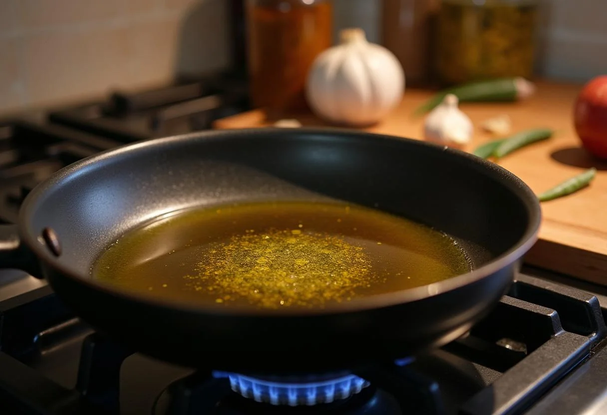 Heating olive oil and spices for The Hobbit Bard's Arrowhead Asparagus, essential for adding flavor.
