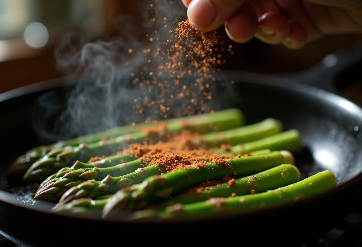 Sautéing asparagus for The Hobbit Bard's Arrowhead Asparagus, capturing the moment of flavor infusion.