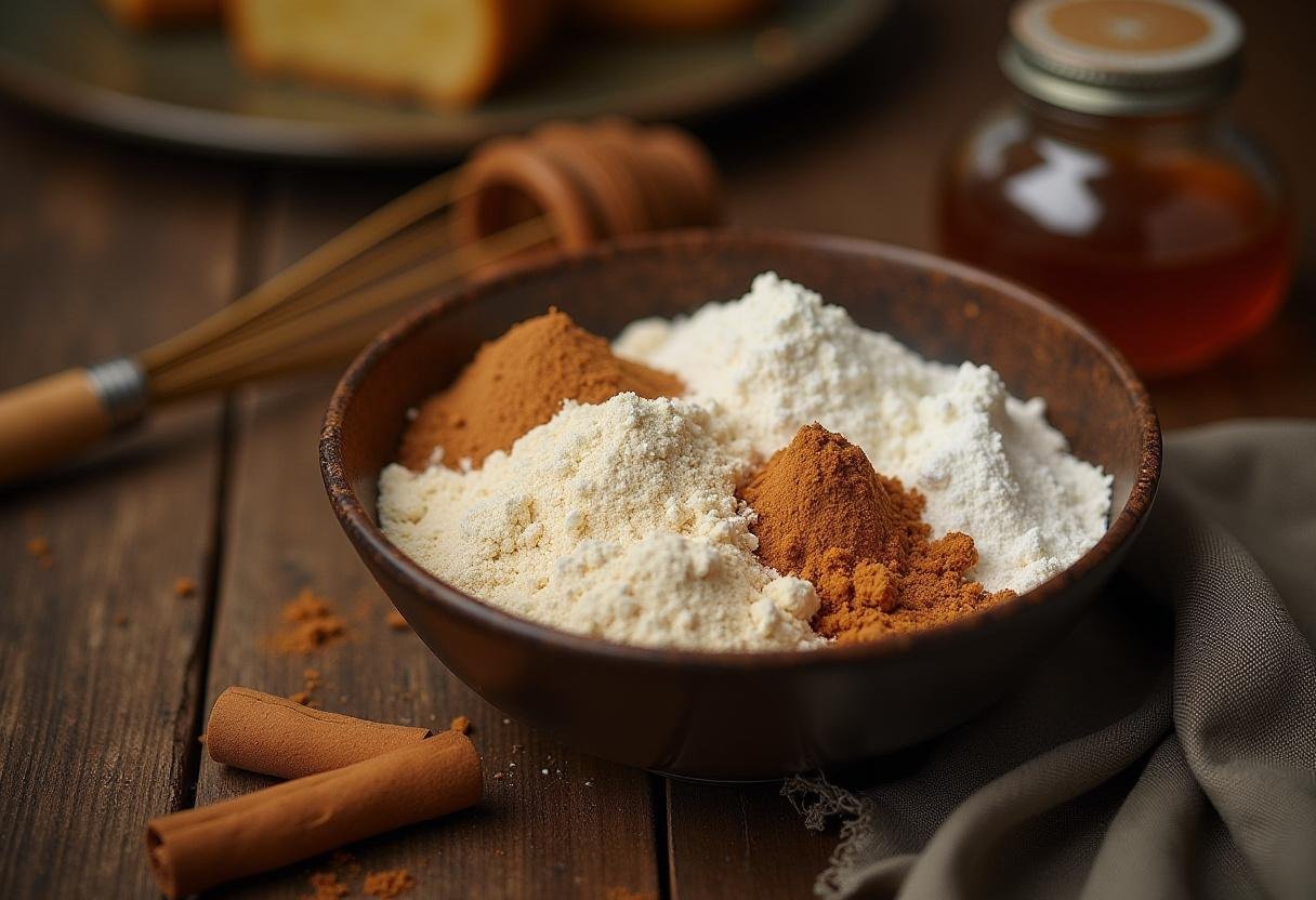 Creating Beorn's Honey Cakes with flour, sugar, baking powder, and honey in a rustic kitchen.