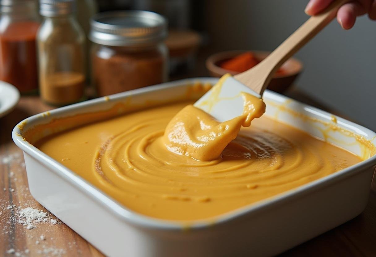 Filling a baking dish with batter for Beorn's Honey Cakes, highlighting the baking process.