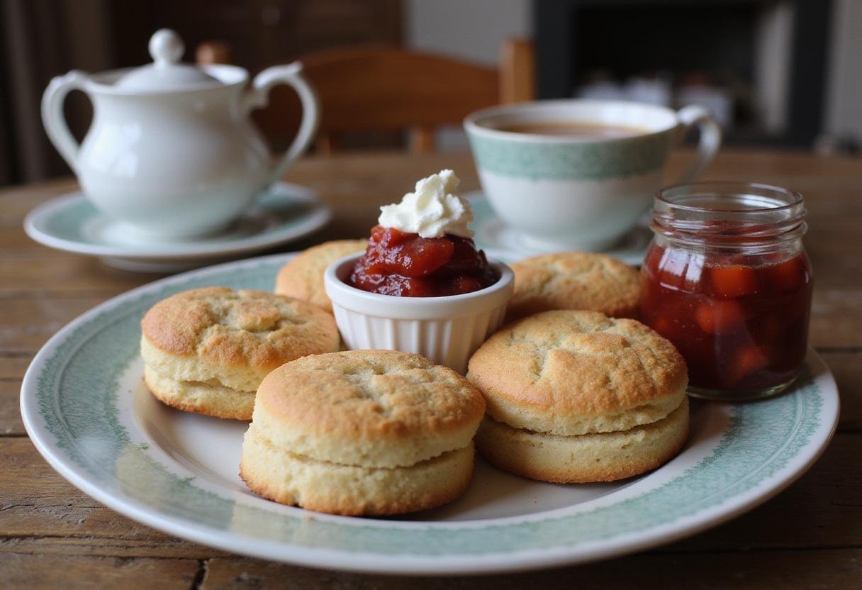 Final display of The Hobbit Bilbo’s Elevenses Scones on a platter with clotted cream and jam, ready for enjoying in a cozy setting.