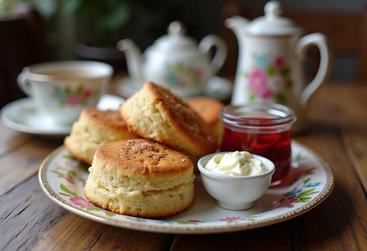Final display of The Hobbit Bilbo’s Elevenses Scones on a platter with clotted cream and jam, ready for enjoying in a cozy setting.