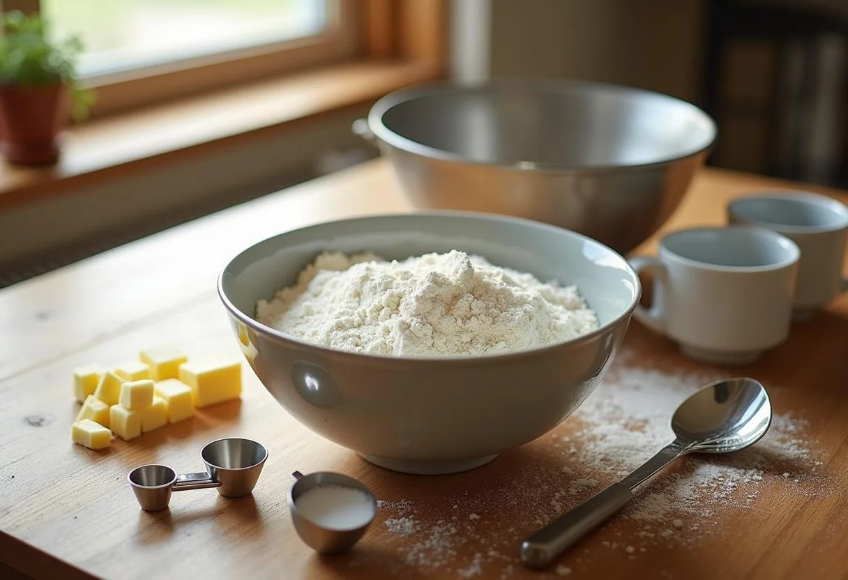 Preparing ingredients for The Hobbit Bilbo's Elevenses Scones with flour, sugar, and butter on a wooden table.