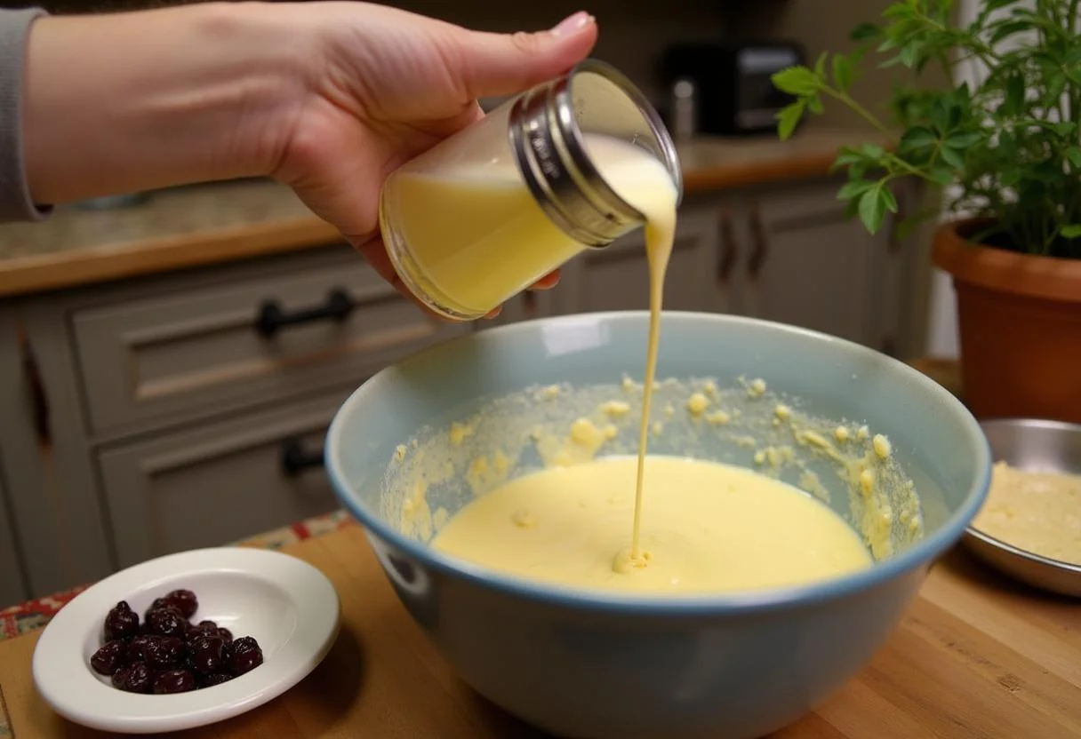 Combining wet ingredients for The Hobbit Bilbo's Elevenses Scones, with milk and raisins ready to be mixed in a rustic kitchen.