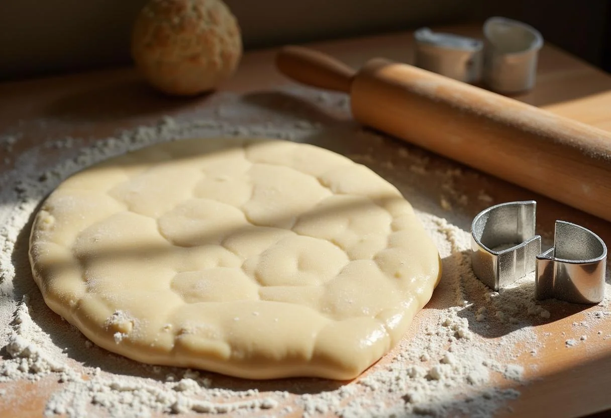 Rolling out dough for The Hobbit Bilbo's Elevenses Scones on a floured surface with biscuit cutters in a bright kitchen.