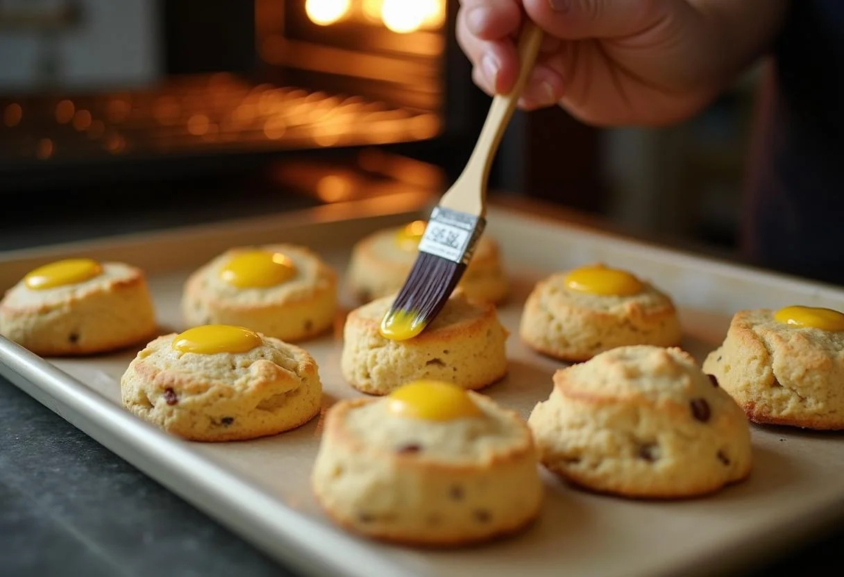 Brushing egg wash on scones ready for baking in The Hobbit Bilbo's Elevenses Scones recipe, creating a warm kitchen scene.