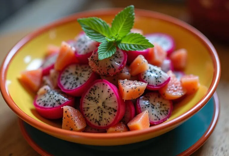Close-up of the finished The Hobbit Desolation of Smaug Dragon Fruit Salad, vibrant and refreshing, showcasing its unique ingredients.