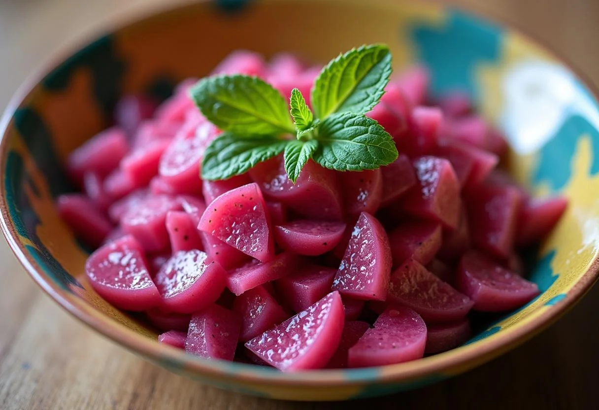 Close-up of the finished The Hobbit Desolation of Smaug Dragon Fruit Salad, vibrant and refreshing, showcasing its unique ingredients.