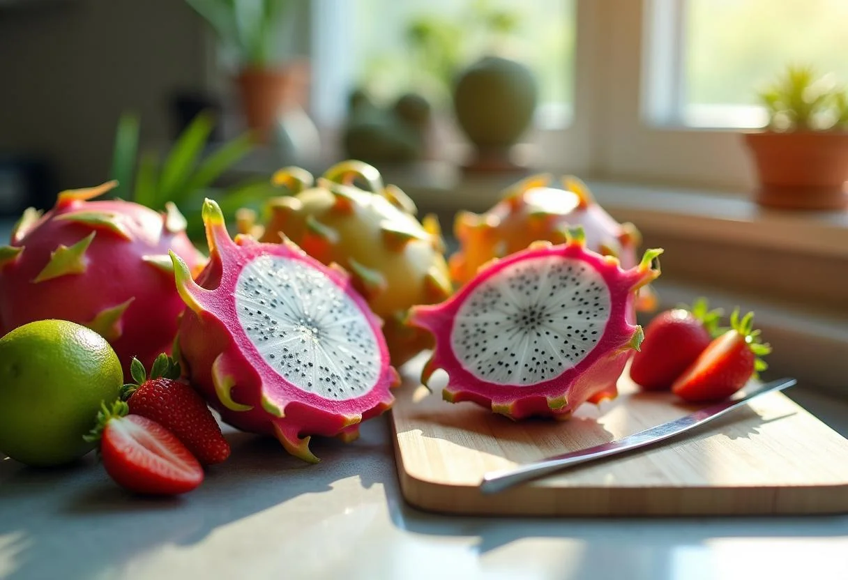 Fresh dragon fruits and ingredients for The Hobbit Desolation of Smaug Dragon Fruit Salad on a kitchen counter.