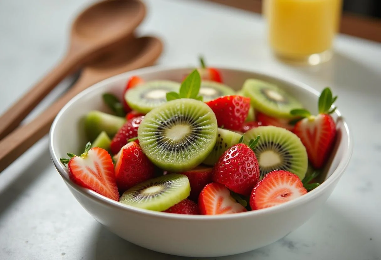 Chopped dragon fruit, kiwi, and strawberries mixed in a bowl for The Hobbit Desolation of Smaug Dragon Fruit Salad preparation.