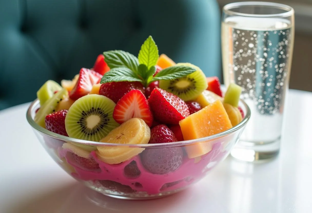 Colorful Dragon Fruit Salad presented in a glass bowl, showcasing The Hobbit Desolation of Smaug Dragon Fruit Salad's vibrant appearance.
